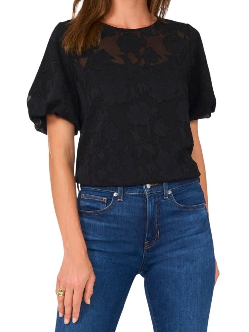 NWT Vince Camuto Floral Burnout Puff Sleeve Top M Rich Black MSRP $89